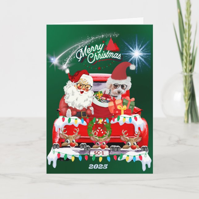 Santa & Poodle Merry Christmas Green Greeting Card (Front)