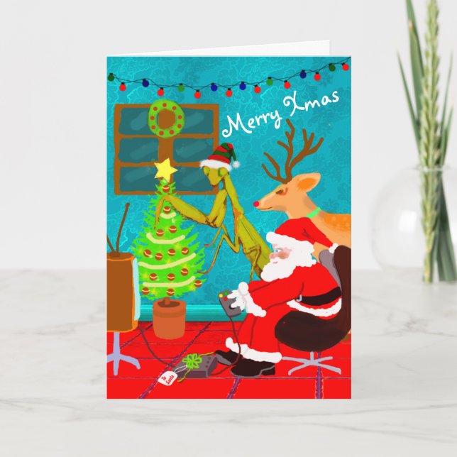 Santa Praying Mantis Personalized Weird Christmas Card (Front)