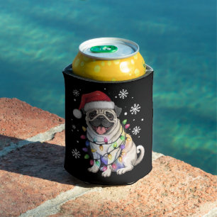 Santa Pug Christmas Lights Xmas Dog Lover  Can Cooler
