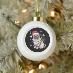 Santa Pug Christmas Lights Xmas Dog Lover Ceramic Ball Christmas Ornament