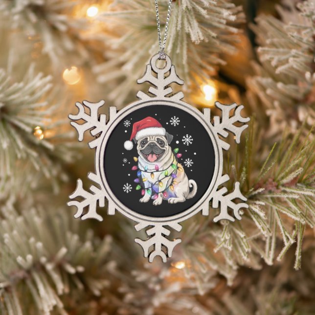Santa Pug Christmas Lights Xmas Dog Lover  Snowflake Pewter Christmas Ornament (Tree)