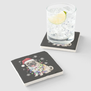 Santa Pug Christmas Lights Xmas Dog Lover Stone Coaster