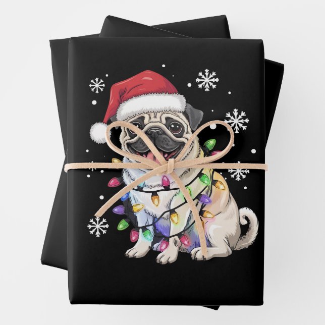 Santa Pug Christmas Lights Xmas Dog Lover  Wrapping Paper Sheet (In situ)