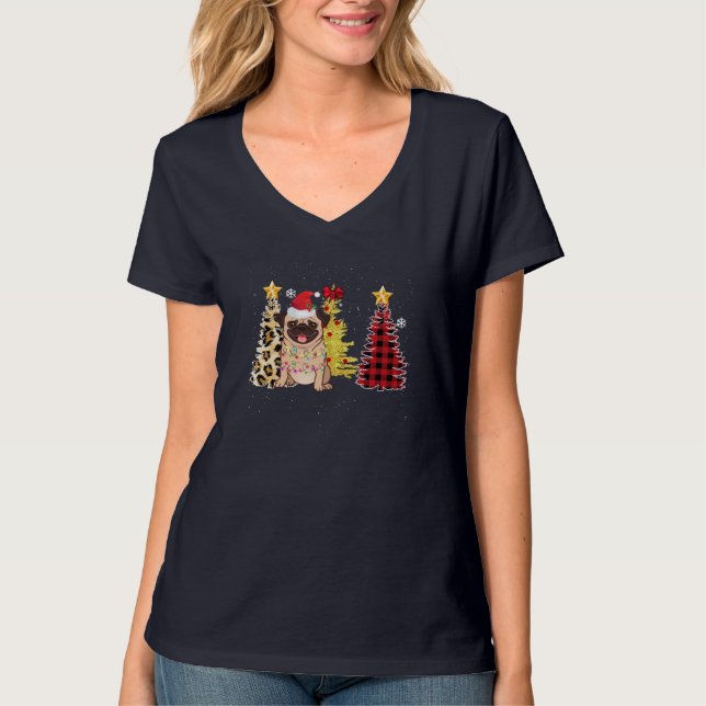 Santa Pug Christmas Tree Lights T-Shirt (Front)
