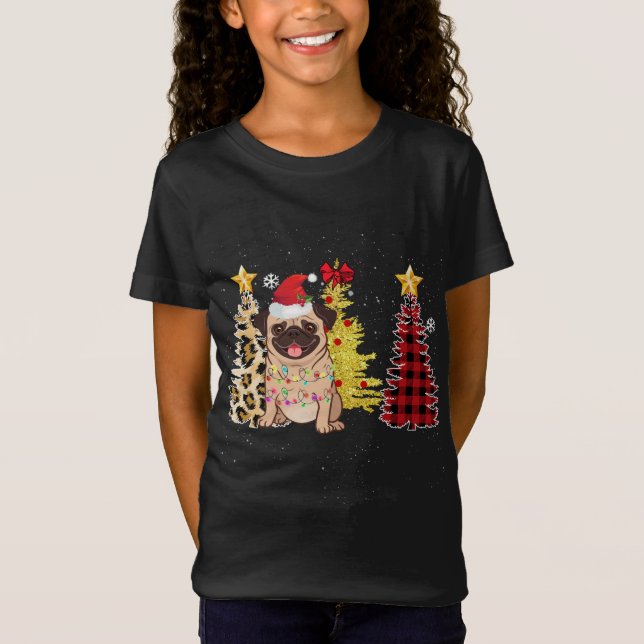 Santa Pug Christmas Tree Lights T-Shirt (Front)