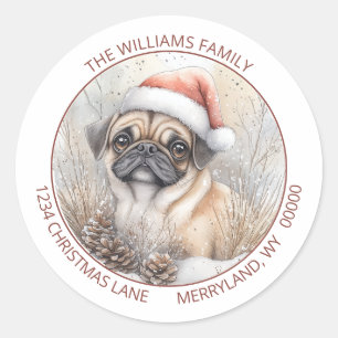 Santa Pug Dog Snowy Winter Watercolor Scene Classic Round Sticker