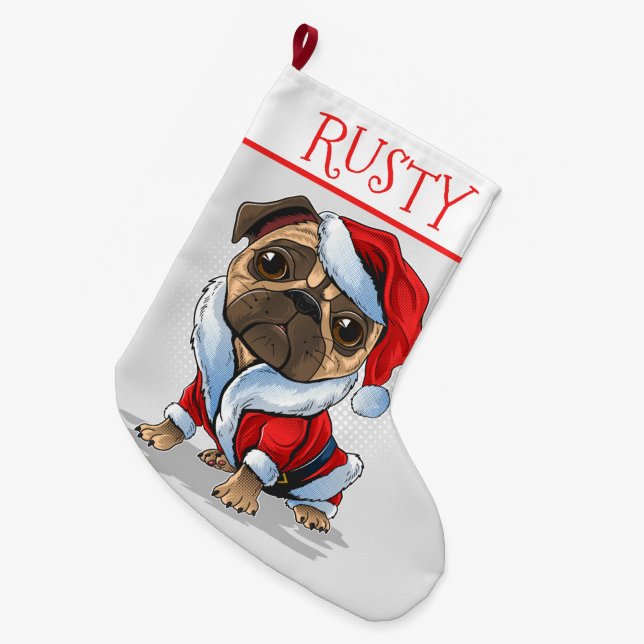 Santa Pug Large Christmas Stocking (Front (Hanging))
