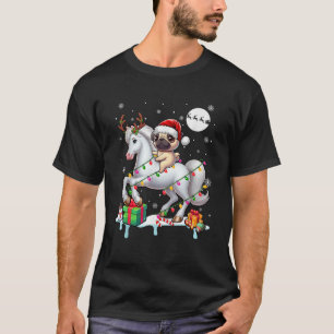 Santa Pug Riding Reindeer Horse Christmas Lights C T-Shirt