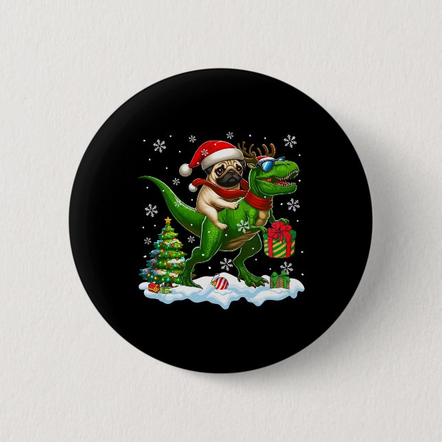 Santa Pug Riding Reindeer T-rex Christmas Kids Tod 6 Cm Round Badge (Front)