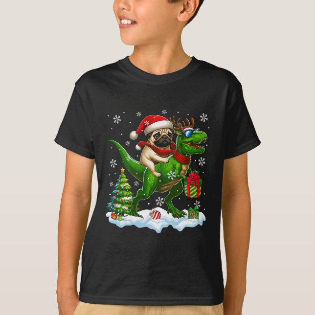 Santa Pug Riding Reindeer T-rex Christmas Kids Tod T-Shirt (Front)