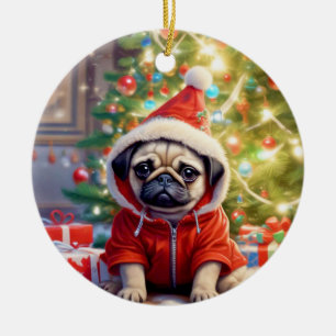 Santa Pug Under the Christmas Tree Ceramic Tree Decoration