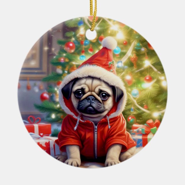 Santa Pug Under the Christmas Tree Ceramic Tree Decoration (Front)