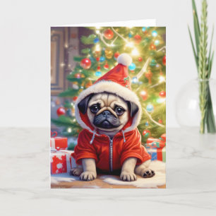 Santa Pug Under the Christmas Tree Holiday Card