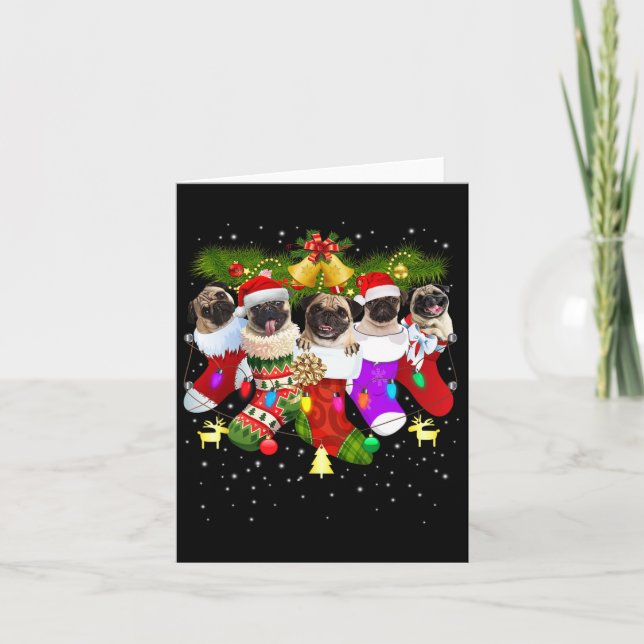 Santa Pugs In Christmas Socks Funny Xmas Dog Lover Card (Front)
