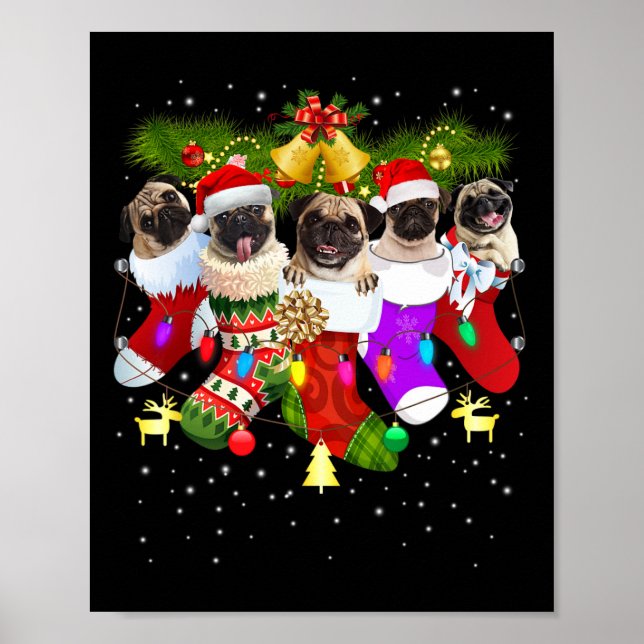 Santa Pugs In Christmas Socks Funny Xmas Dog Lover Poster (Front)