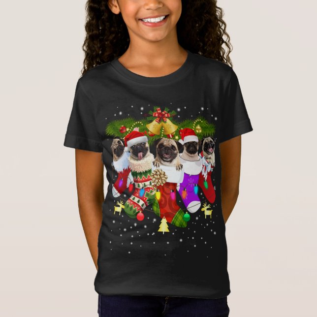 Santa Pugs in Christmas Socks Funny Xmas Dog Lover T-Shirt (Front)