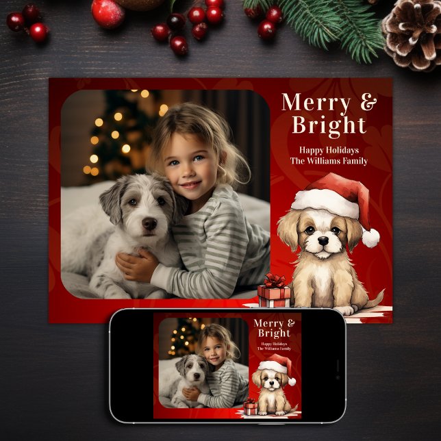 Santa Puppy Merry and Bright Photo Dog Christmas Holiday Card (Printed and Digital - Santa Puppy Merry and Bright Photo Dog Christmas Holiday Card)