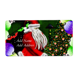 Santa Putting Gifts Under Christmas Tree Label