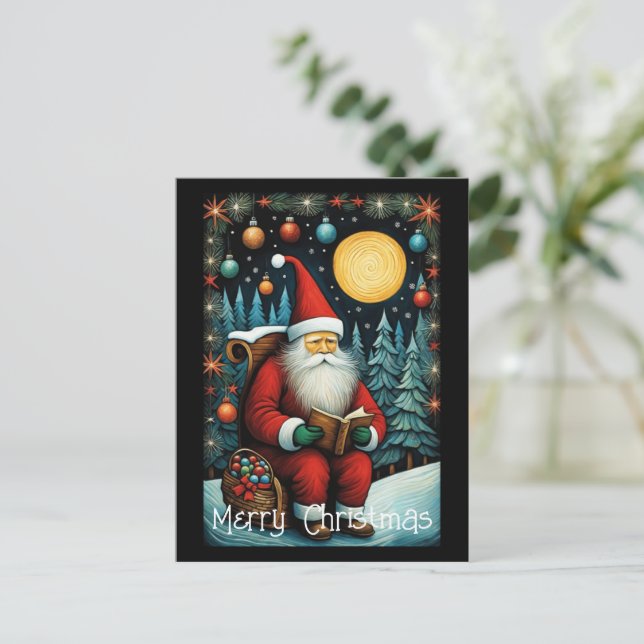 Santa Reading Book Snowy Night Christmas Tree Postcard (Standing Front)