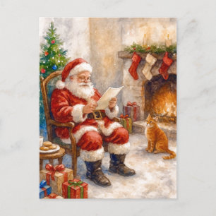 Santa Reading Fireplace Cozy Christmas Postcard