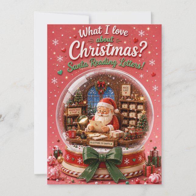 Santa Reading Letters Snow Globe Christmas Card (Front)