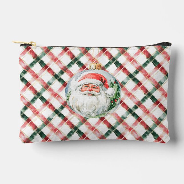 Santa Red Green Plaid Pattern Christmas Accessory Pouch (Front)