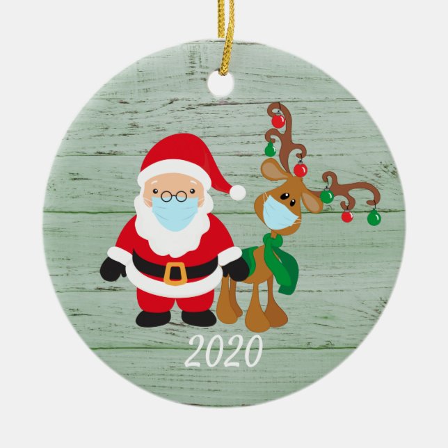 Santa Reindeer 2020 Face mask Covid Wood Ceramic Tree Decoration (Front)
