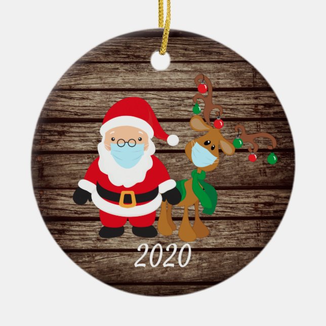 Santa Reindeer 2020 Face mask Covid Wood Ceramic Tree Decoration (Front)