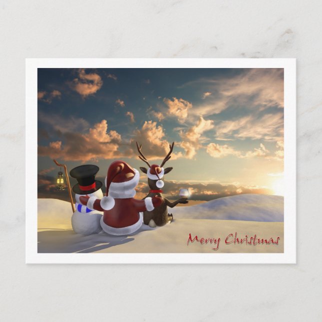 Santa, reindeer and Frosty Holiday Postcard (Front)