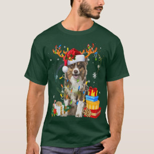 Santa Reindeer Australian Shepherd Christmas Light T-Shirt