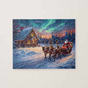 Santa Reindeer Cabin Northern Lights Christmas Jigsaw Puzzle