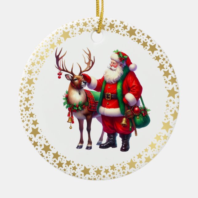 Santa Reindeer Christmas Ceramic Ornament (Front)