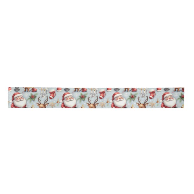 Santa & Reindeer Christmas Gift Wrapping Paper Satin Ribbon (Front)