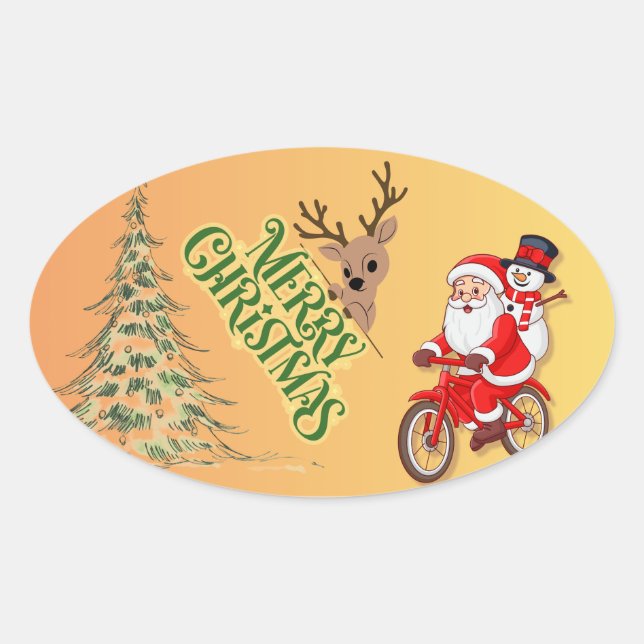 Santa & Reindeer Christmas Oval Sticker (Front)