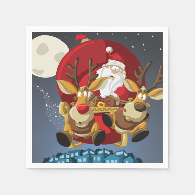 Santa & Reindeer Christmas Paper Napkin (Front)