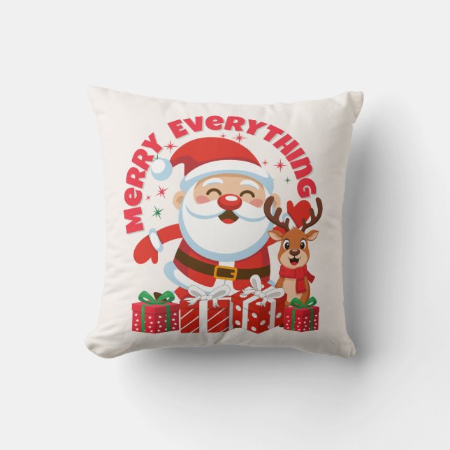 Santa & Reindeer Christmas Throw Pillow (Front)