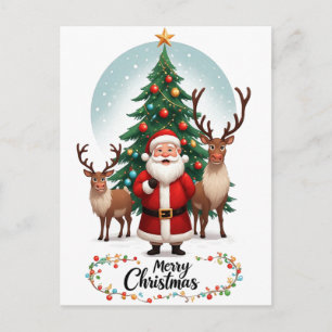Santa Reindeer Christmas Tree Holiday Postcard