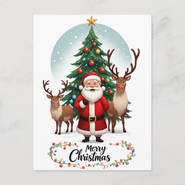 Santa Reindeer Christmas Tree Holiday Postcard (Front)