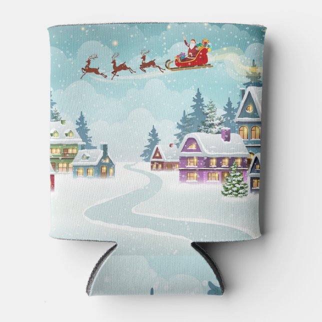 Santa Reindeer Christmas Vintage Scene Can Cooler (Front)