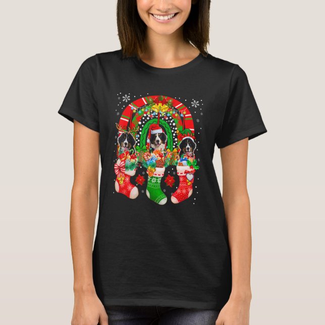 Santa Reindeer Elf Bernese Mountains In Xmas Socks T-Shirt (Front)