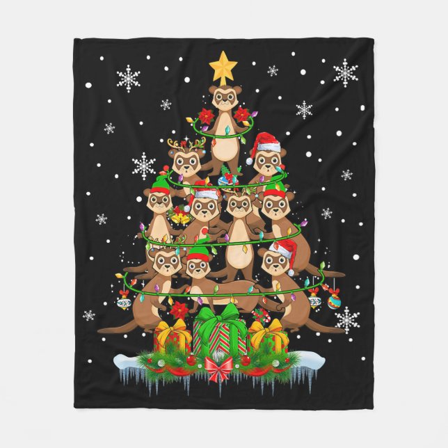 Santa Reindeer Elf Ferrets Christmas Tree Lights F Fleece Blanket (Front)