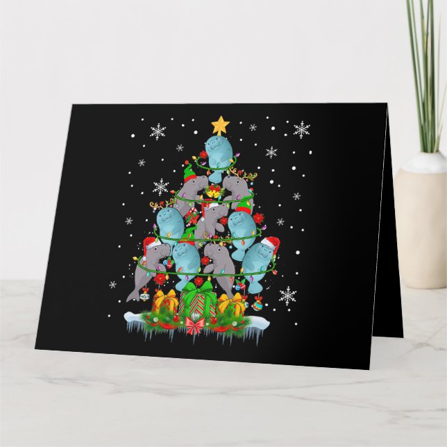 Santa Reindeer Elf Manatees Christmas Tree Lights  Card (Front)