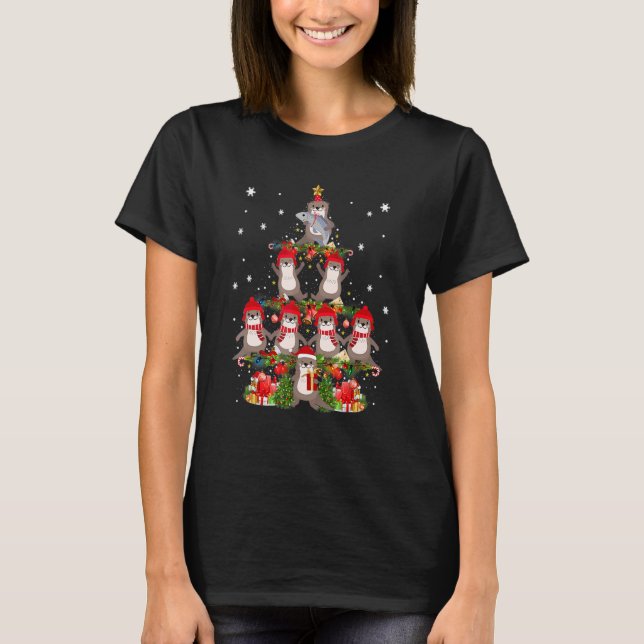 Santa Reindeer Elf Otters Christmas Tree Lights An T-Shirt (Front)