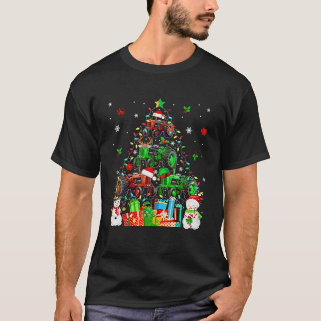 Santa Reindeer Elf Tractors As Christmas Tree Cute T-Shirt (Front)