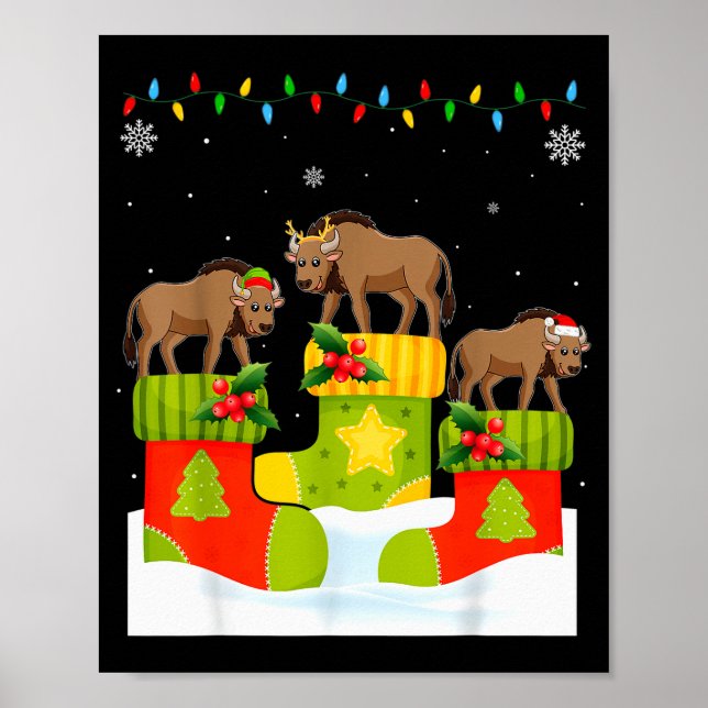 Santa Reindeer Elf Wildebeest In Christmas Socks U Poster (Front)