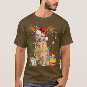 Santa Reindeer Golden Retriever Christmas Lights X T-Shirt