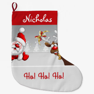 Santa & Reindeer Ho! Ho! Ho Snow scene Large Chri Christmas Stocking
