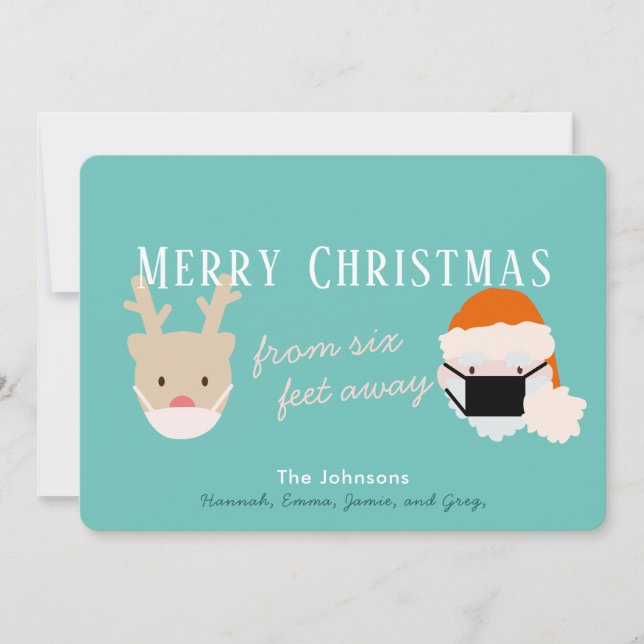 Santa & Reindeer Mask Blue Christmas Card (Front)