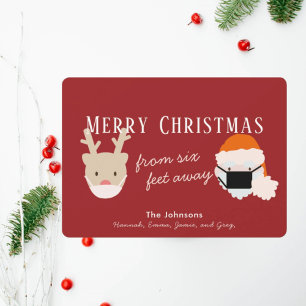 Santa & Reindeer Mask Red Christmas Card