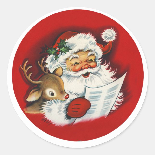 Santa & Reindeer Nice List Classic Round Sticker (Front)